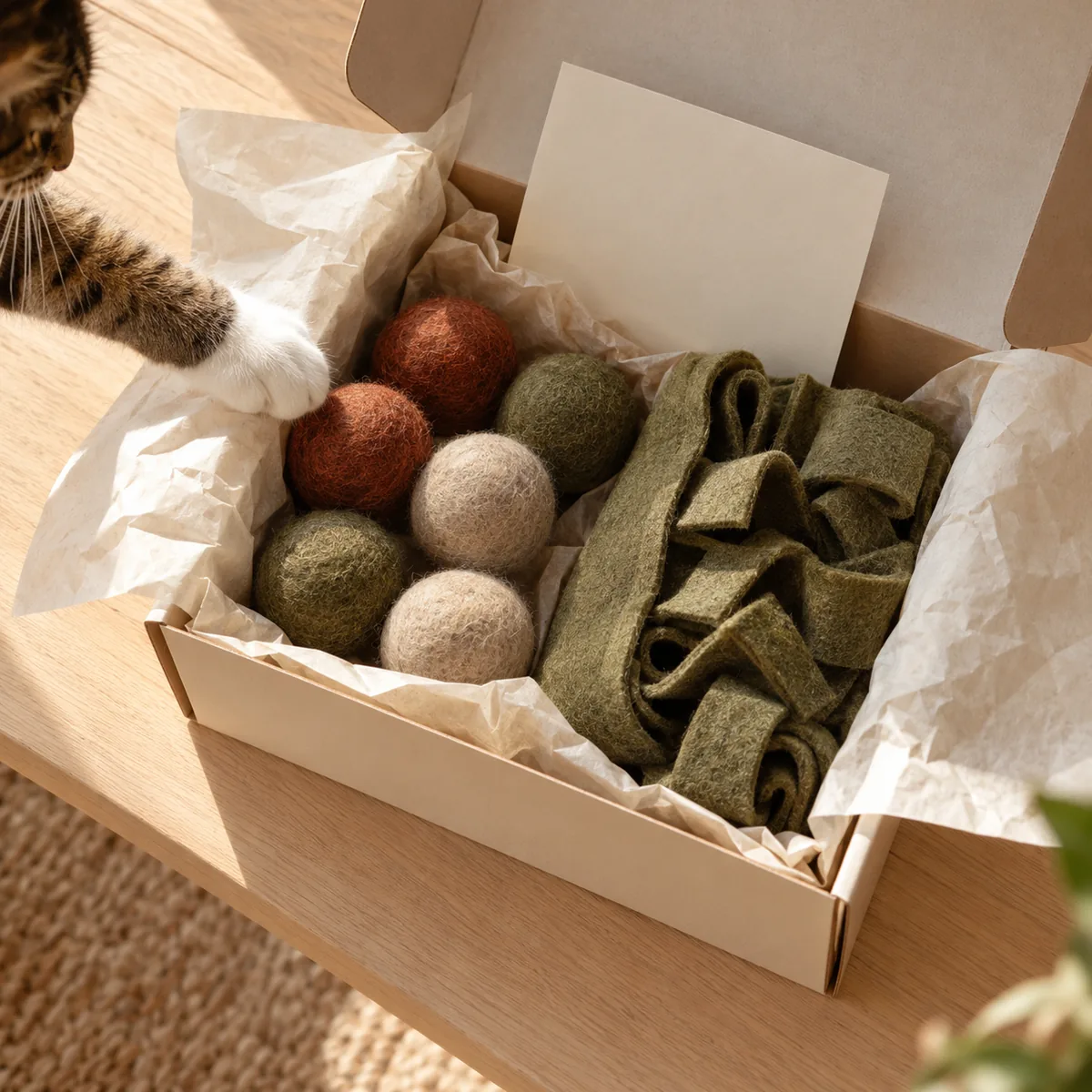 Illustrative cat subscription box with felt toys, a folded mat and plain packaging
