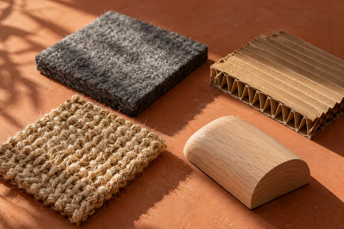 Felt, corrugated cardboard, sisal and beechwood samples on a terracotta surface