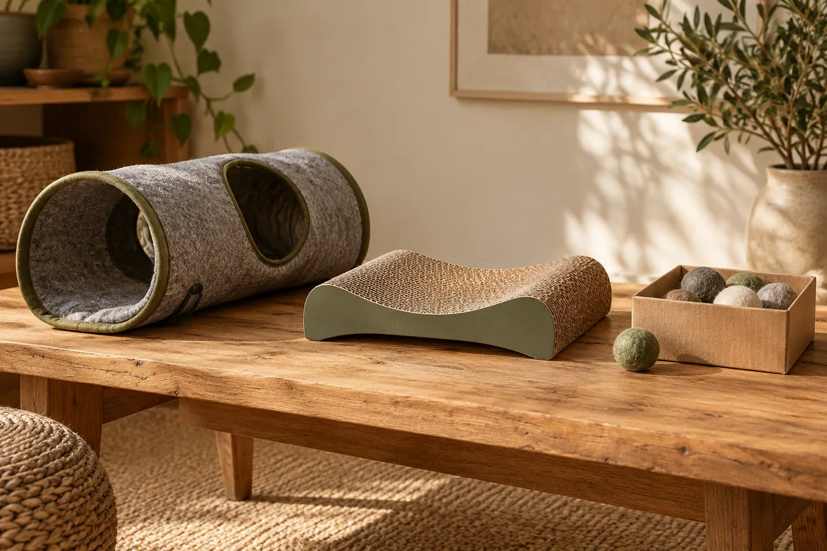 A coordinated display of a felt tunnel, cardboard scratcher and compact felt toy set