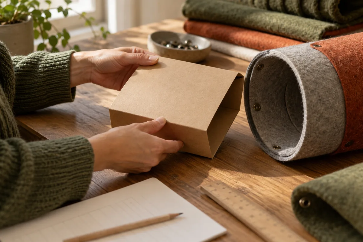 Hands reviewing a felt connector sample, packaging sleeve and a blank inspection sheet