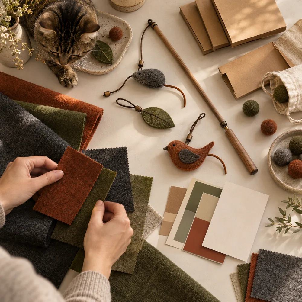 Collection planning desk with felt color swatches and packaging samples