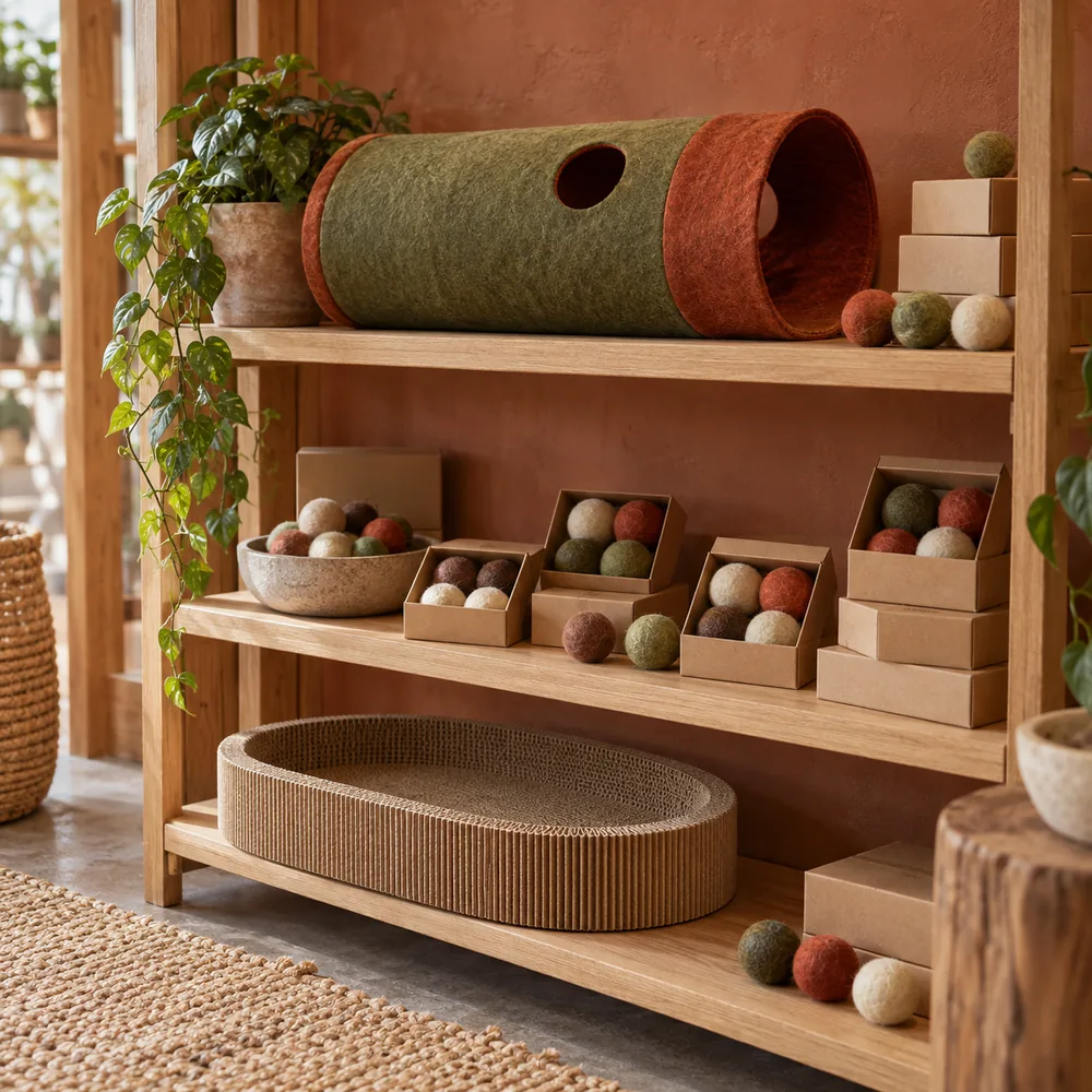 Illustrative retail shelf with felt tunnels, prey ball sets and scratch beds