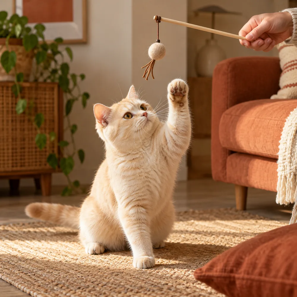 Concept scene of a cat reaching for a felt teaser attachment