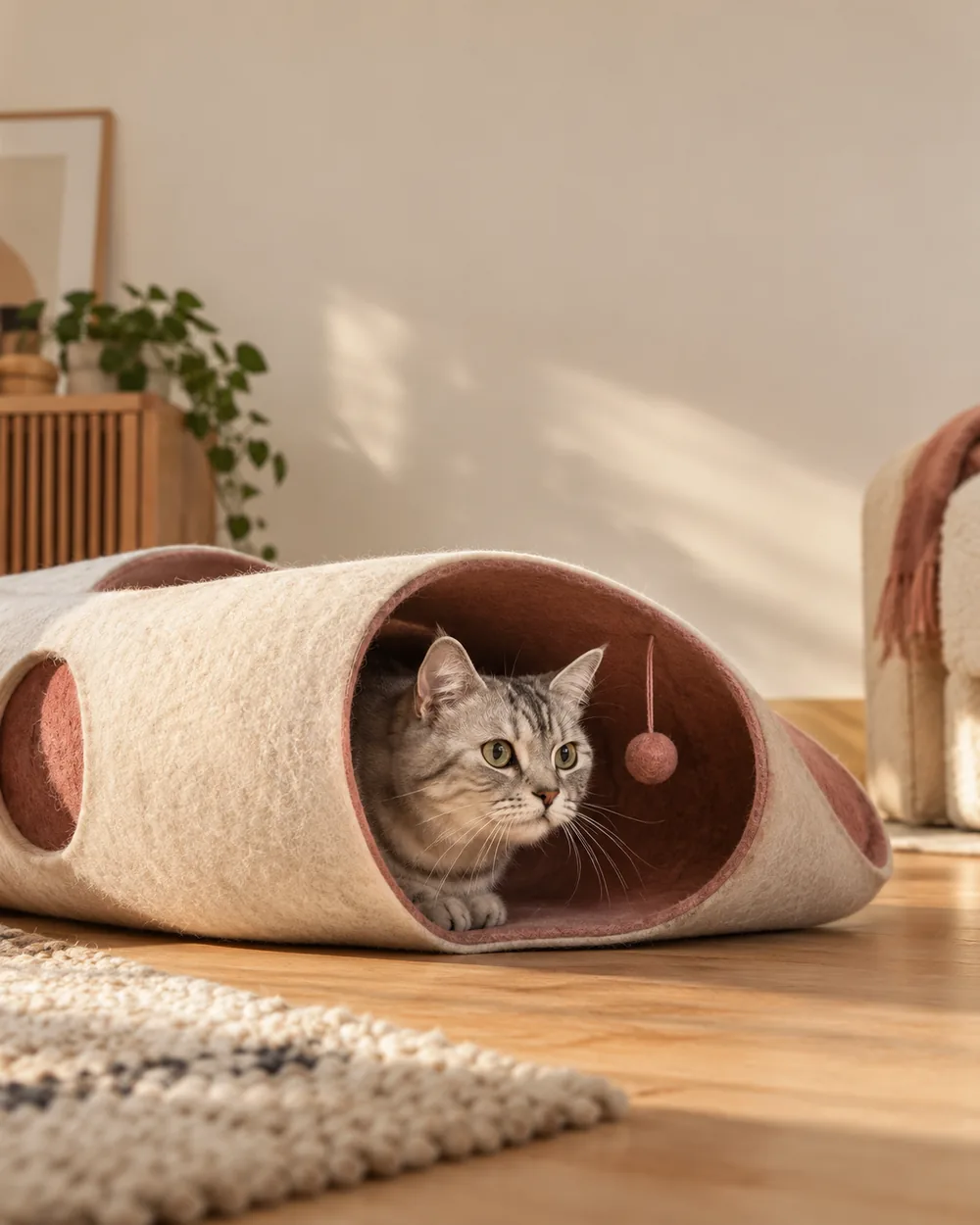 Concept scene of a tabby exploring a cream and rose felt tunnel bed