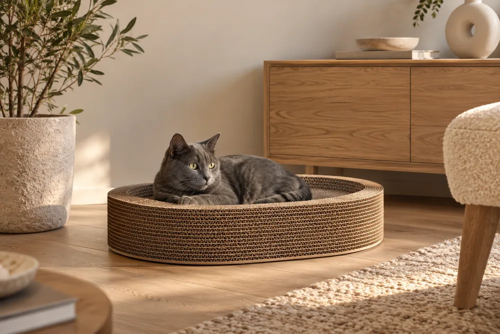 Concept scene of a gray cat resting in a cardboard scratch bed