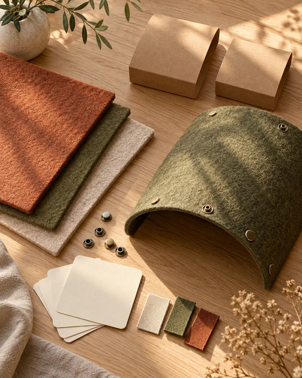 Concept customization desk with felt color samples, a tunnel panel and plain packaging mockups