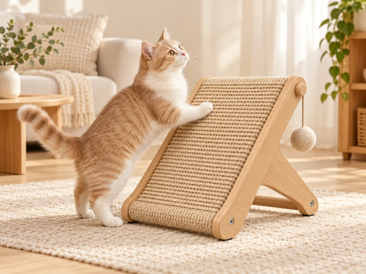 Wood & Sisal Scratcher — scratching in a home setting