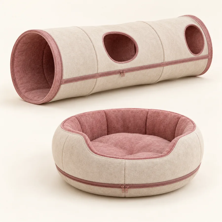 Coordinated felt tunnel and oval bed design in cream and rose