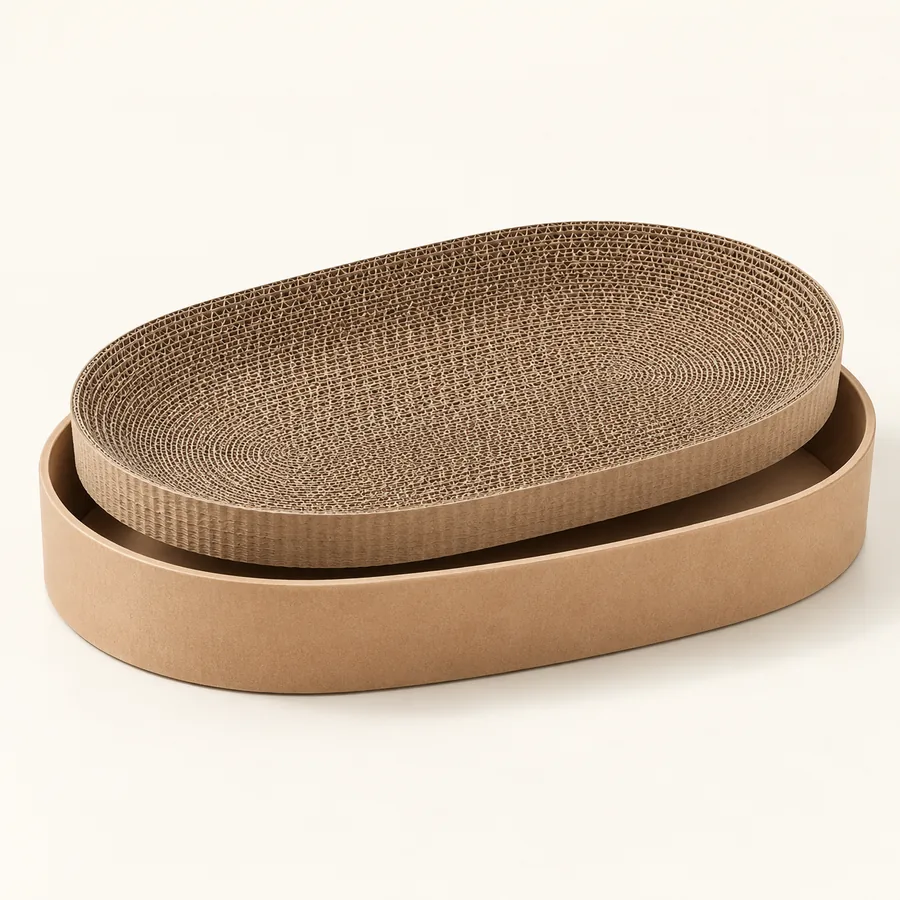 Oval cardboard cat scratch bed design with replaceable corrugated insert
