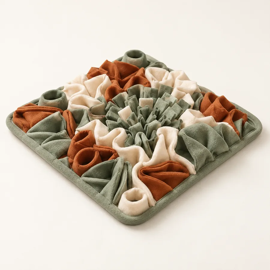 Cat snuffle mat design with olive, rust and cream felt folds