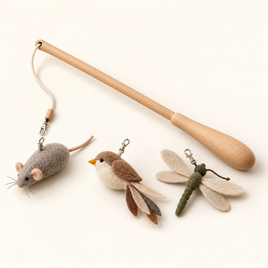 Wooden cat teaser wand design with interchangeable felt attachments