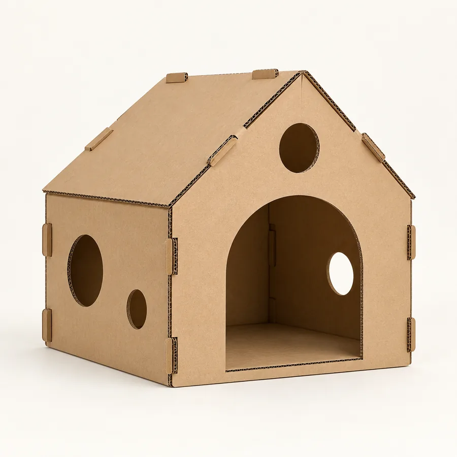 Foldable kraft cardboard cat hideout design with arched opening