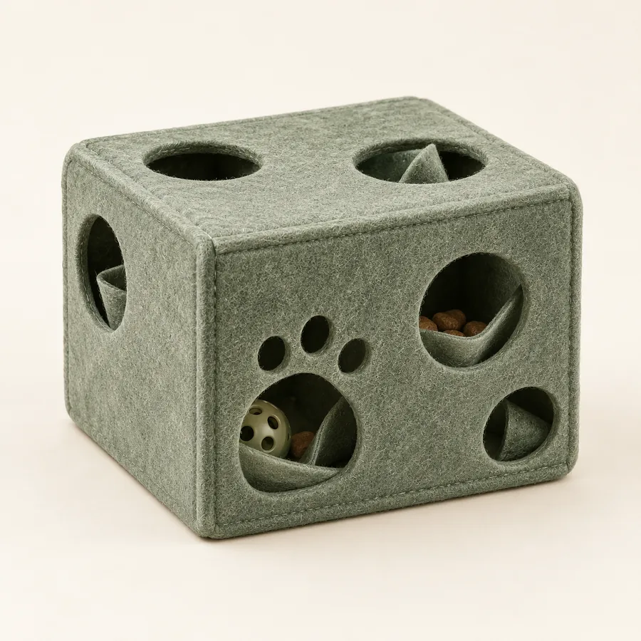 Sage felt cat foraging box design with multiple access openings