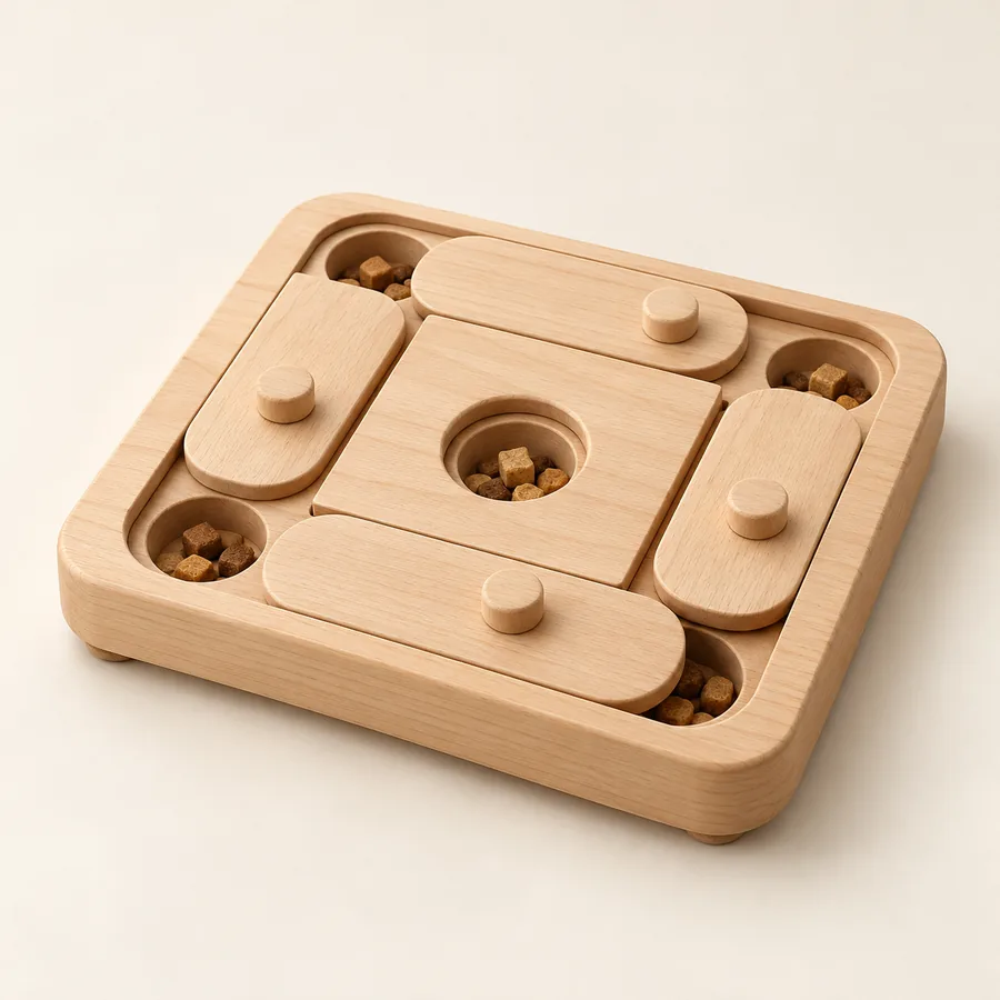 Natural wood cat puzzle feeder design with sliding treat compartments